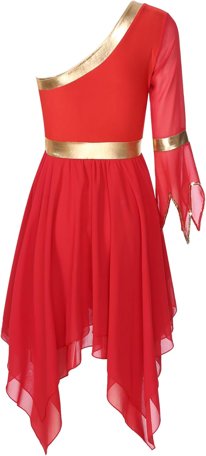 FEESHOW Women's Praise Lyrical Dance Dress One Shoulder Irregular Hem Liturgical Worship Tunic Praisewear