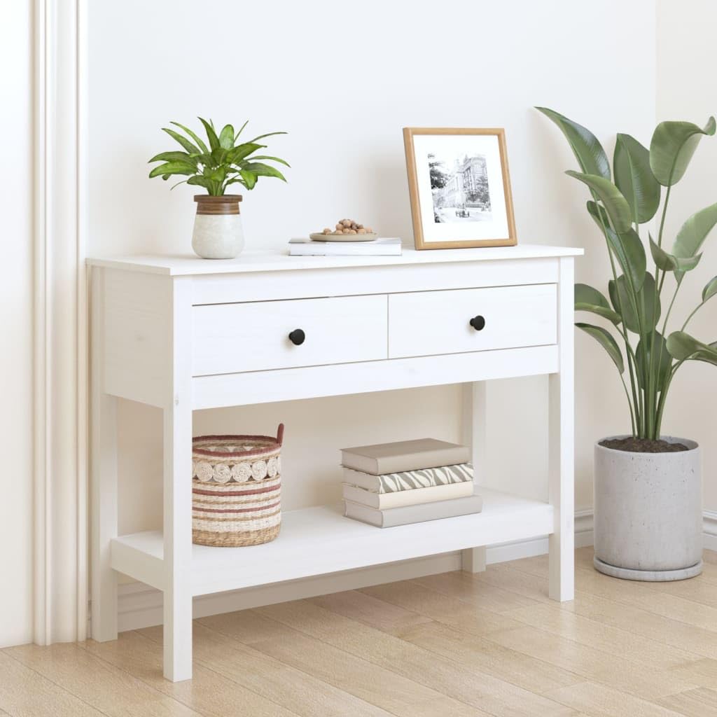 Stolik konsolowy biały, 100 x 35 x 75 cm, z litego drewna sosnowego, z 2 szufladami i półką, uniwersalny stół do przedpokoju do przedpokoju i salonu