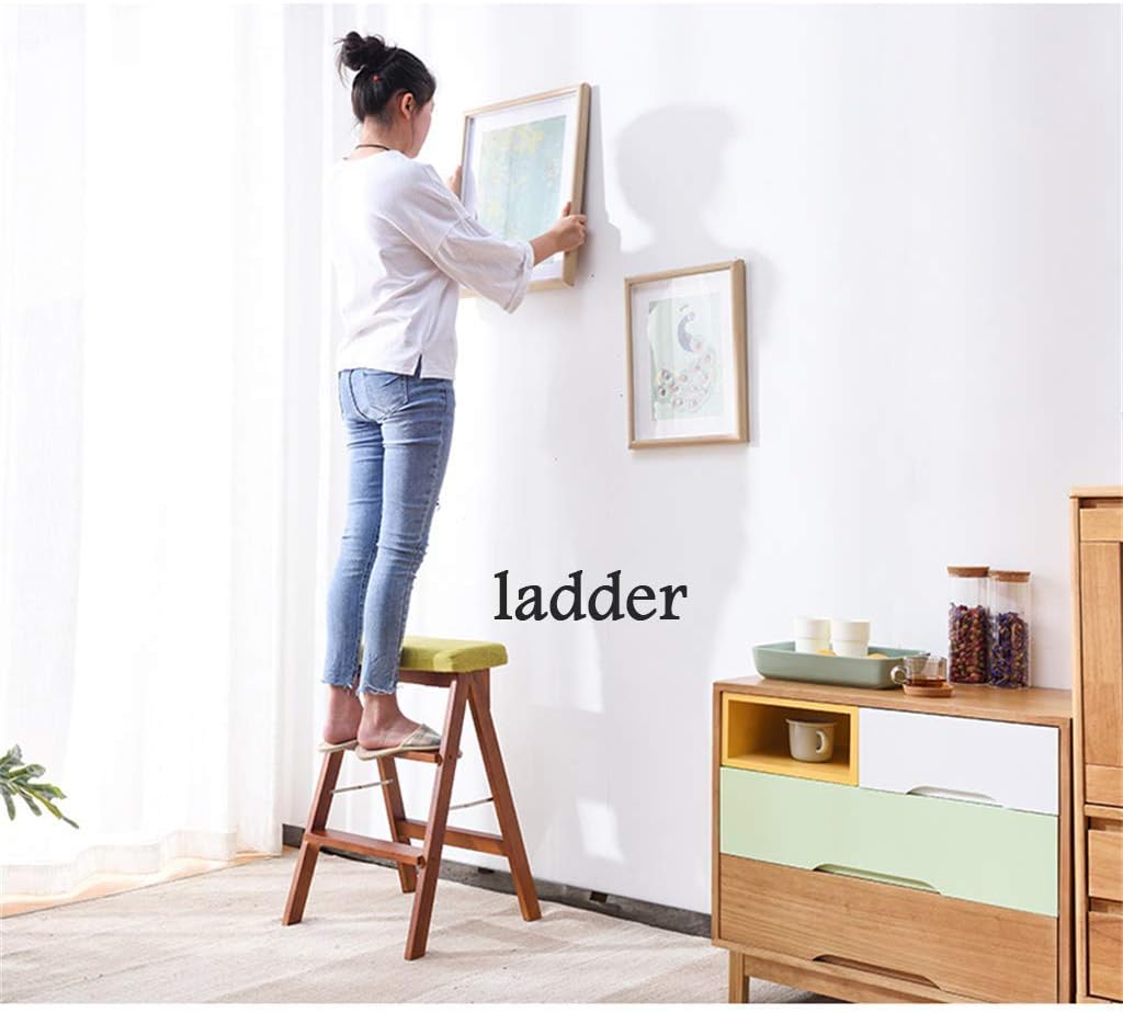 Stepladders Wooden Ladder Stool Multifunction Foldable Dual-Use Anti Slip Home Library 3 Steps 150Kg Capacity Washable Pad (3 Colour) Folding Steps/a