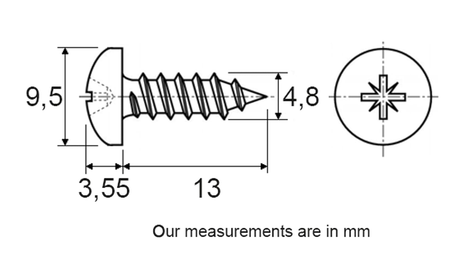 A4 Stainless Steel Pan Head Screw Pozidrive Cylindrical Domed 4.8 mm x 13 mm DIN 7981 White Zinc Pack of 40