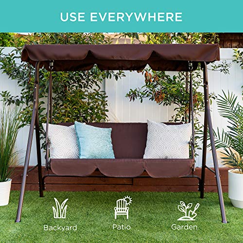 Best Choice Products 2-Person Outdoor Patio Swing Chair, Hanging Glider Porch Bench For Garden, Poolside, Backyard W/Convertible Canopy, Adjustable Shade, Removable Cushions - Brown #TOP5