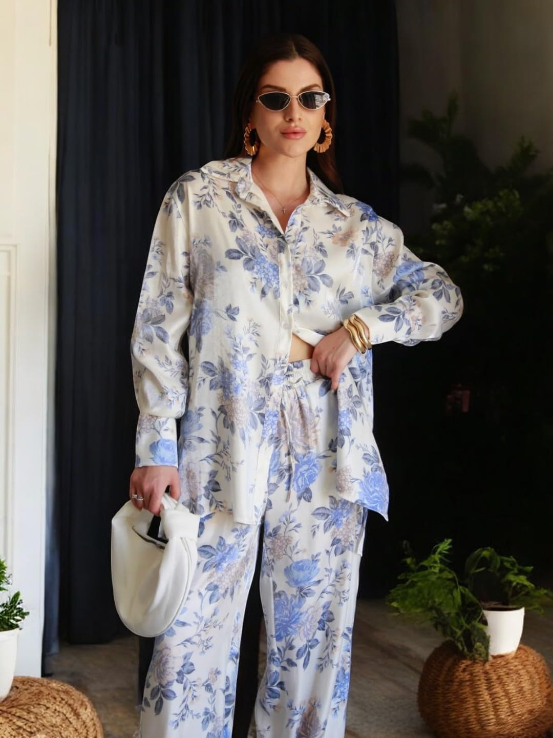 Gufrina Women's Co-Ords Set - Floral Print Shirt With Front Open Button And Wide-Leg Pants, Full Sleeves, Rayon Fabric (Sky Blue S)