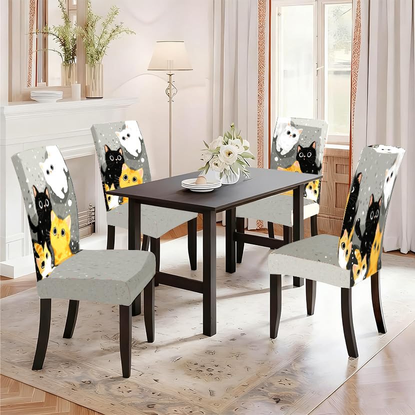 Image of Cute Cat Kitten Dining Chair Covers Set of 4, Stretch Slipcover