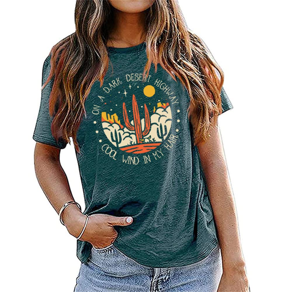 Mlzhan Women's Vintage Green On A Dark Desert Highway Cactus Graphic Shirt Tops Aesthetic Tees Vintage Harajuku Blouses Shirts (,M,M)