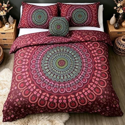 Sleepwish 4pcs Red Green Bohemian Duvet Cover Set Cal King Size for Kids Teens Mandala Bedding Set Soft Romantic Boho Chic