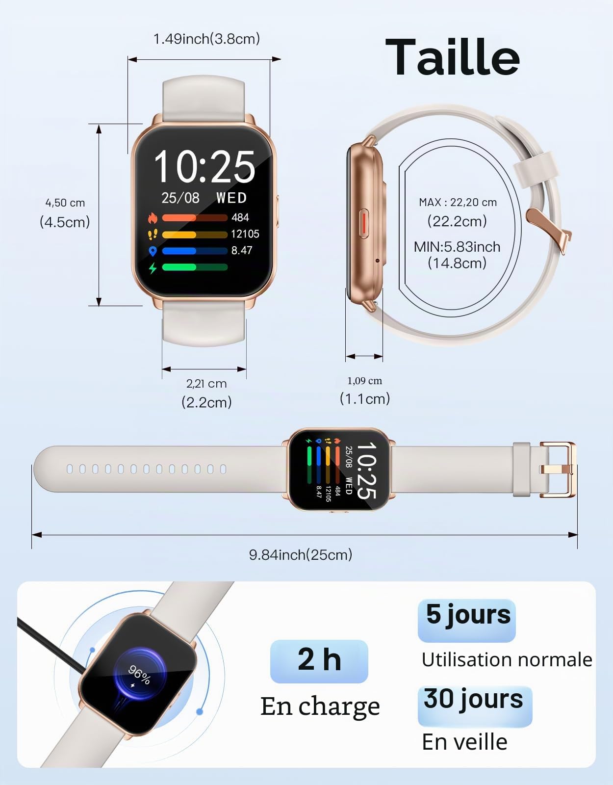 Montre Connectée Femme Homme Smartwatch Bluetooth pour Android iOS Podometre Montre Sport Cardiofrequencemetre Trackers d'activité Montre Intelligente Etanche IP68 Menstruel Musique Contrôle
