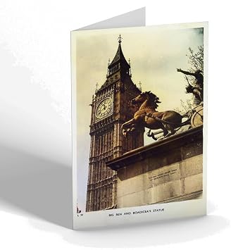 GREETING CARD - Vintage London - Big Ben and Boadicea's Statue b