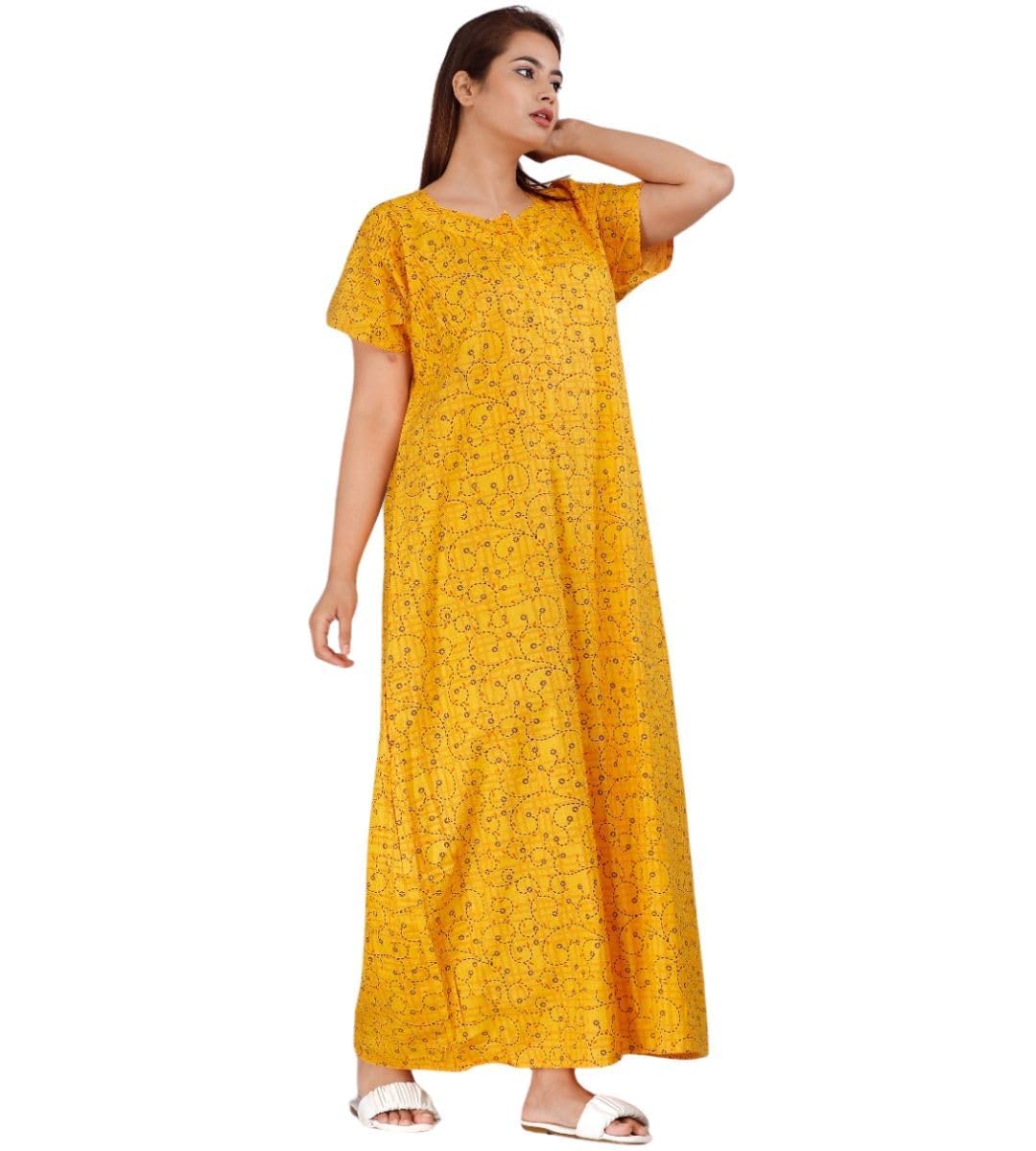 AALIT Nighty for Women Cotton Printed Maxi Gown Ankle Length Nighty Night Dress Gown for Women Maxi - Free Size (Free Size, Yellow)-image-19