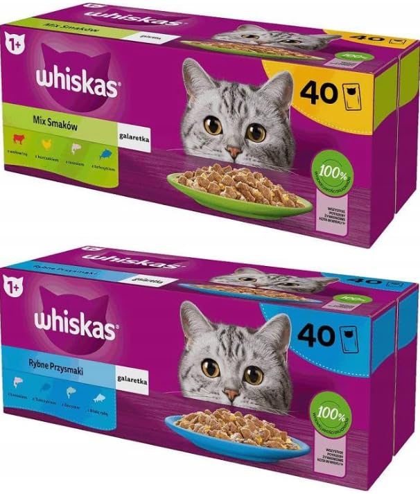 Whiskas Cat Food Fish Flavors 40 x 85g + Whiskas Mix Flavors Gelatin 40 x 85g Adult Wet Cat Food Set in Sachets