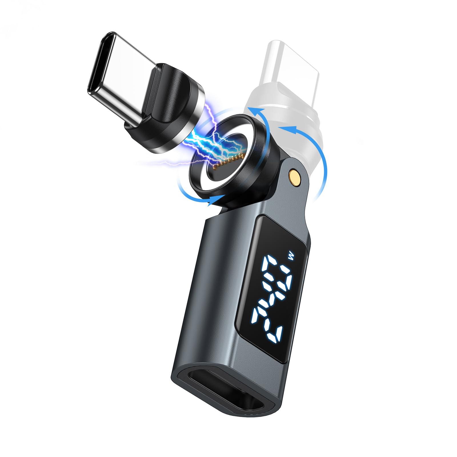 usb c magnetic adapter pd 240w (1 pack) 9 pin usb c 90 degree adapter with led digital display / 360 degree & 180 degree power meter tester for 1phone 17/16/15, ma-book pro/1pad series, samsung