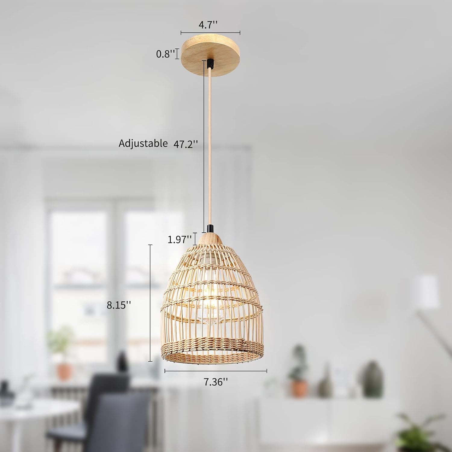 Diagram showing the dimensions of the FRIDEKO HOME Rattan Pendant Light Fixture, including a 4.7 inch wood canopy, 47.2 inch adjustable cord, and an 8.15 inch high, 7.36 inch wide rattan shade.