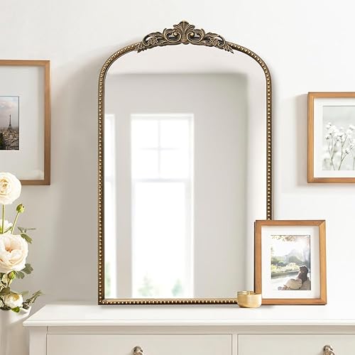 Micasso Antique French Vintage Mirror, 31"x19" Ornate Gold Arch Wall Mirror Metal Iron Framed Mirror for Bathroom, Living Room, Bedroom, and Fireplace