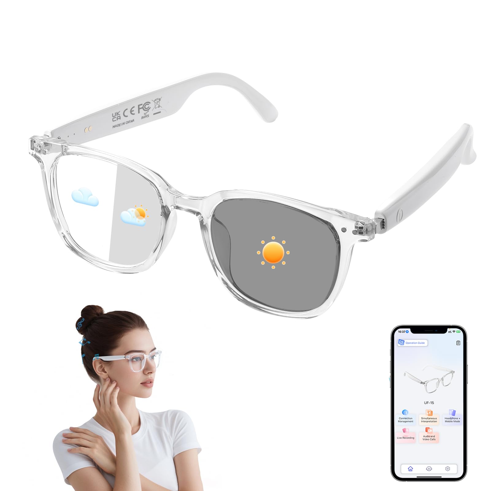 AI Translation Smart Glasses for Men Women Color-Changing Lenses Real-Time Translation Glasses 160 Languages Photo Translation No Subscription