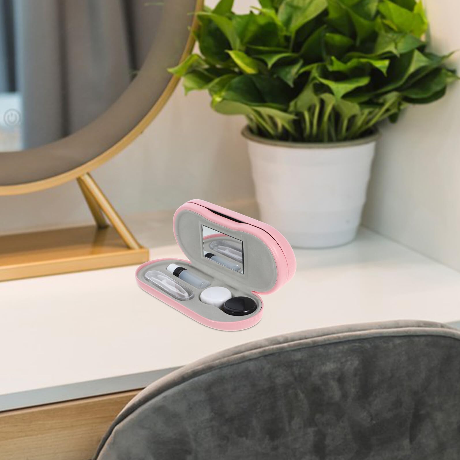 Gatuida Estuche Portátil para Gafas y Lentes de Contacto Diseño Dos Uno Práctico y Compacto para Viaje con Cierre Hermético y Espejo Integrado Colores Rosa y Negro