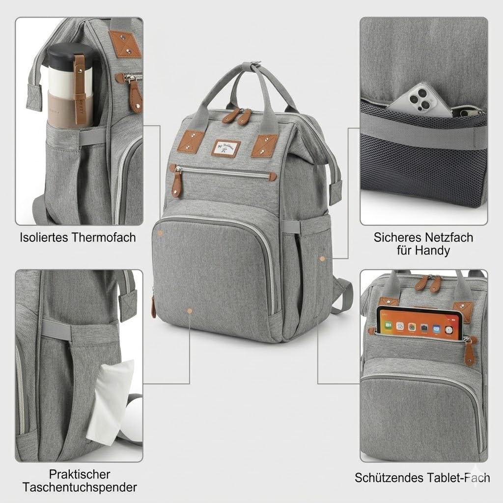 Zaino fasciatoio grande con fasciatoio e borsa termica, borsa fasciatoio alla moda con molto spazio, impermeabile, grande per viaggi e vita quotidiana, fissaggio per passeggino GROWZELT
