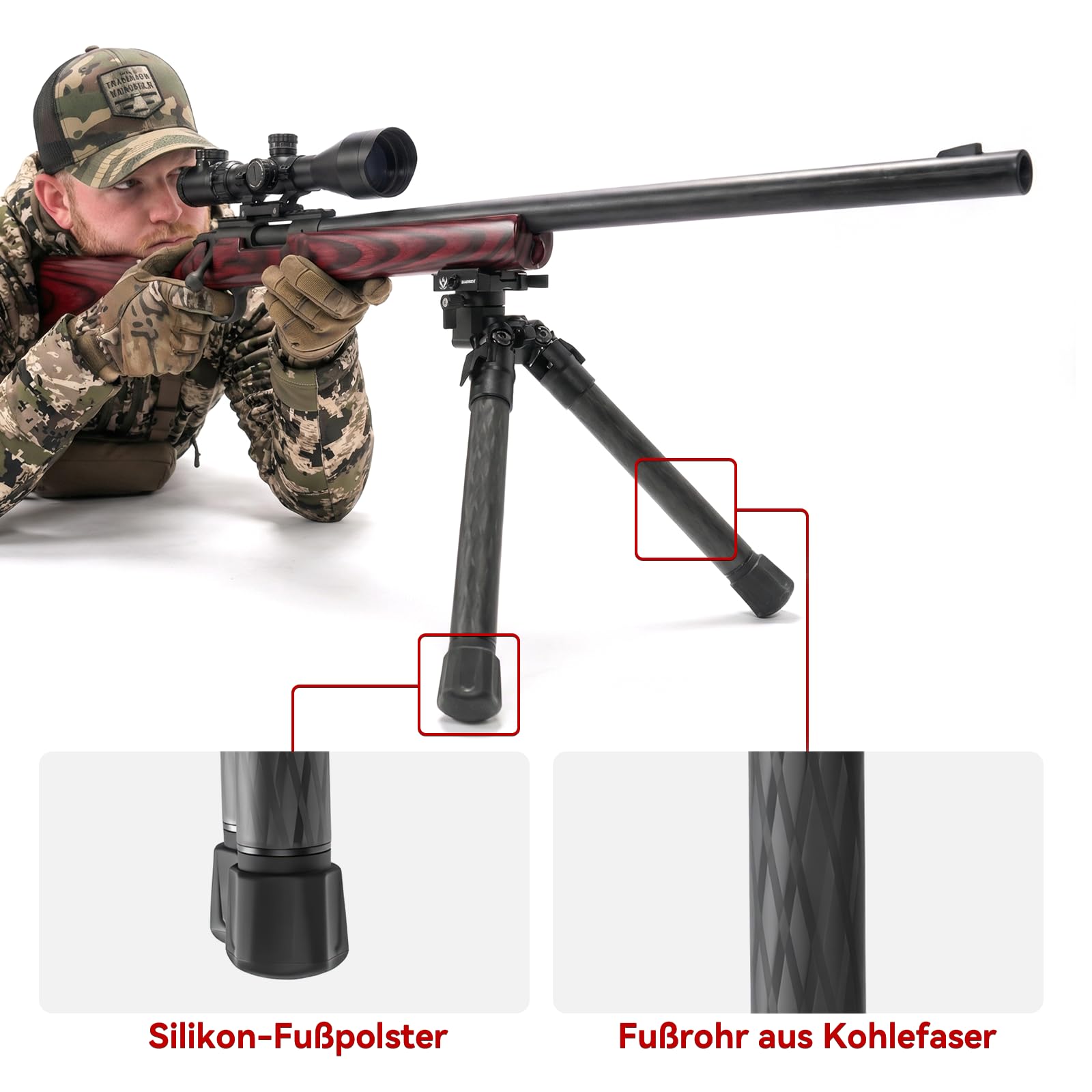 SBP-DP SteadyShot Kohlefaser Zweibein, Picatinny & Arca-Swiss-Doppelklemmung, 360° Schwenk & ±45° Neigungseinstellung, 3 teilige Beine Jagd Zweibein