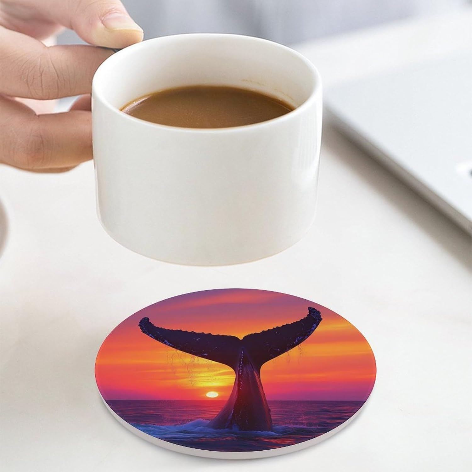 Humpback Whale Tail in Sunset Round Ceramic Coasters Print Drinks Absorbent with Cork Base for Home Decor Gifts 4 Inch
