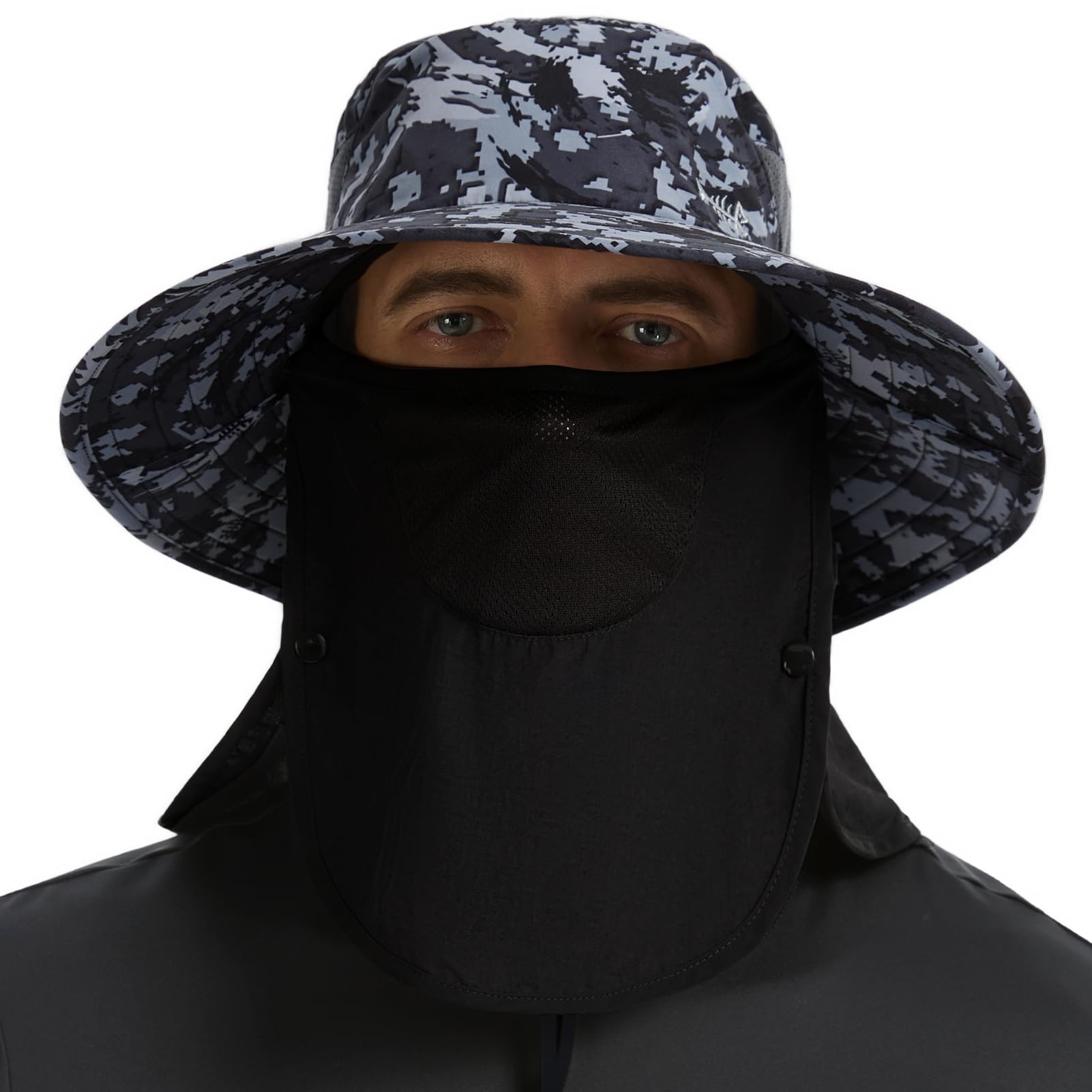 BASSDASH UPF 50+ Breathable Sun Hat with Removable Face Cover and Neck Flap Wide Brim Bucket Hat for Fishing Hiking Men Women, Night Digital Camo, One size — image 1