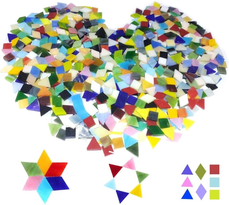 500PCS/380g Mosaic Tiles Stained Glass for DIY Art Craft or Home Decorations with Organizing Container,Smooth Surface Bulk Mosaic Glass Assorted Mixed Colors & Shapes like Triangle, Square, Rhombus(No