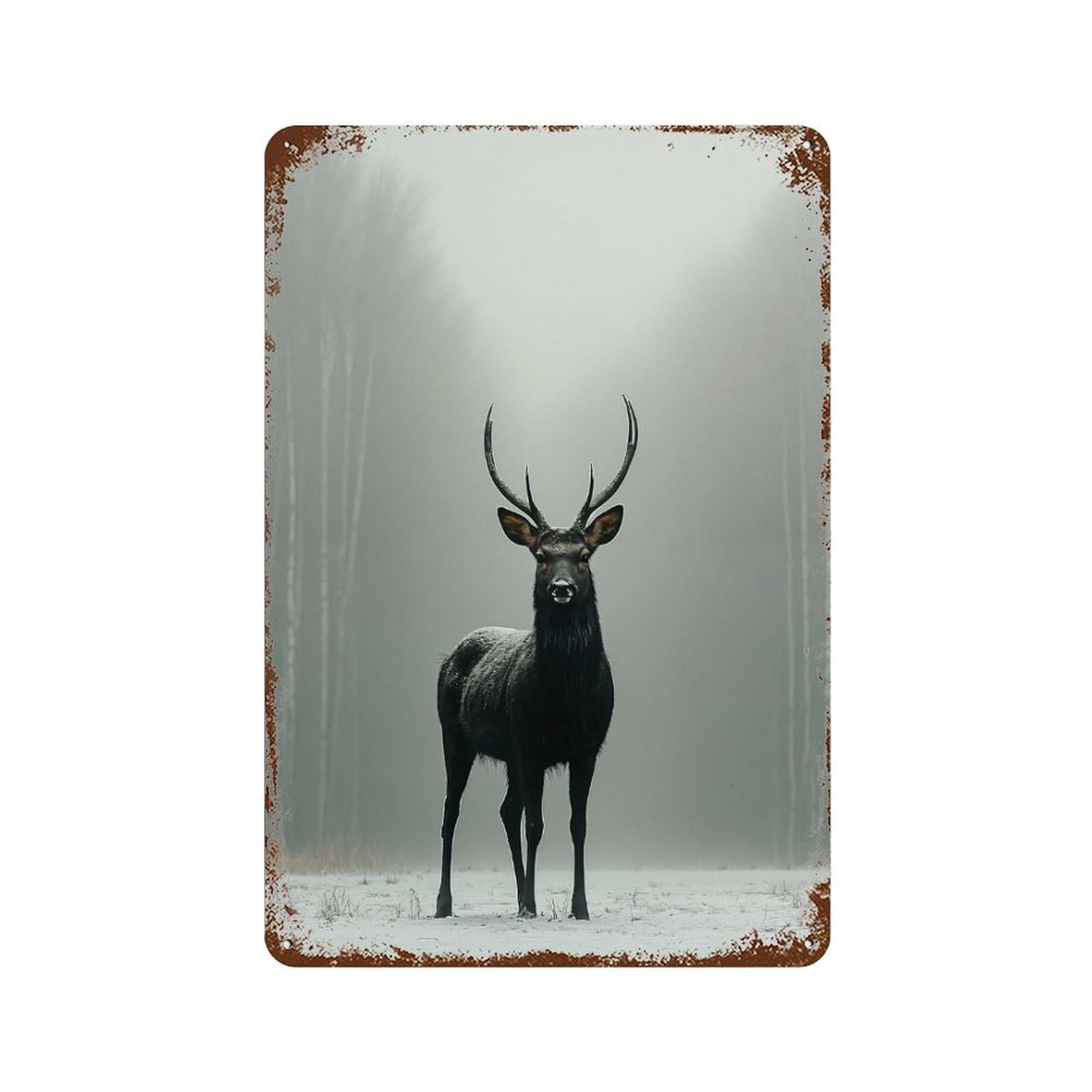 Majestic Deer in Winter Fog 11.8"x7.9" Vintage Rust Metal Sign, Decorative Metal Wall Art for Bistro, Counter And Cafe Decor