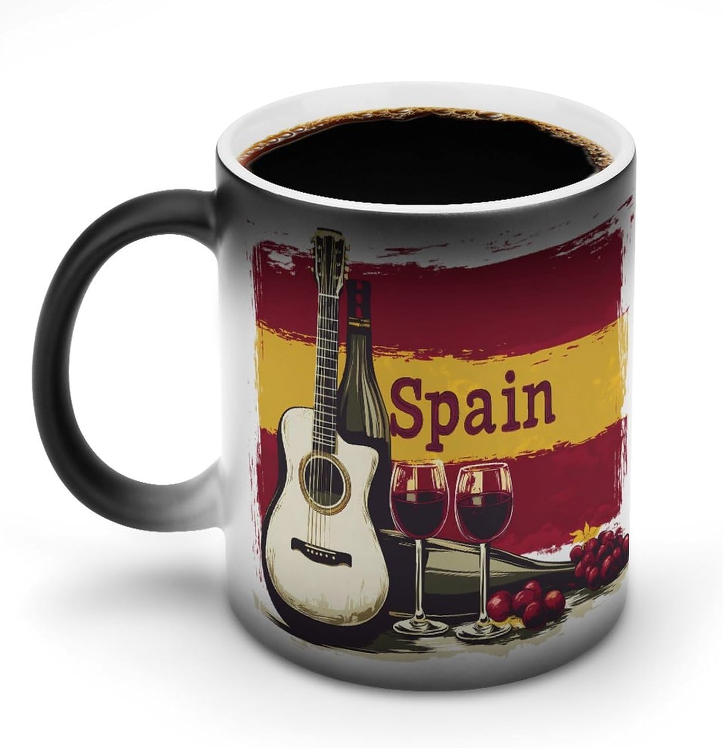 Spain Guitar Spanish Flag Wine Bottle Color Changing Mug Heated Ceramic Cup Heat Sensitive Coffee Mug Fun Gift