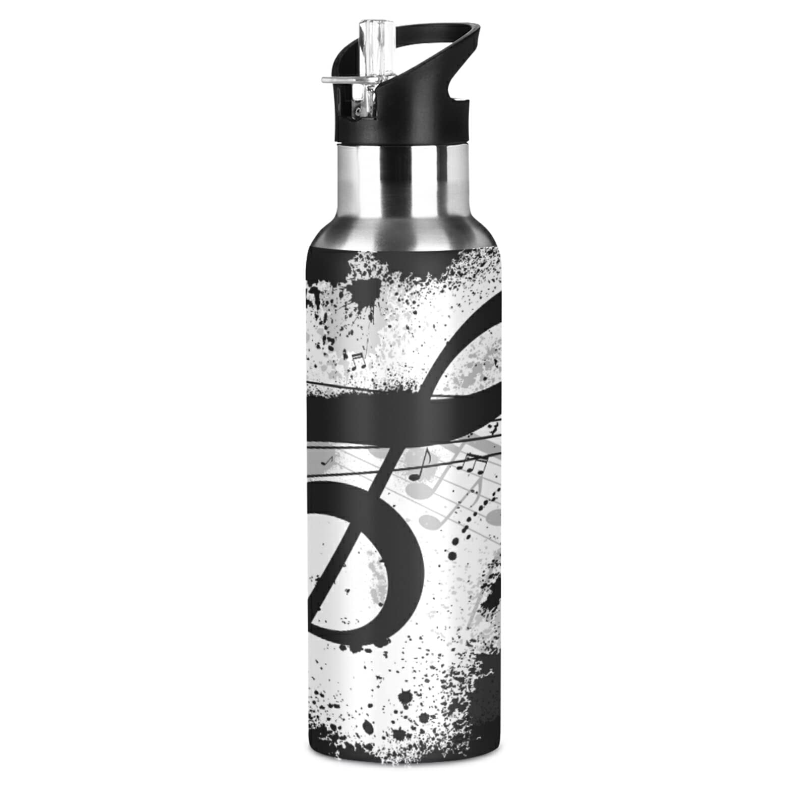 JUMBEAR Black Music Notes Water Bottle Acuum Insulated Stainless Steel Leakproof Wide Mouth with Straw Lid for Fitness Gym and Outdoor Sports 22OZ