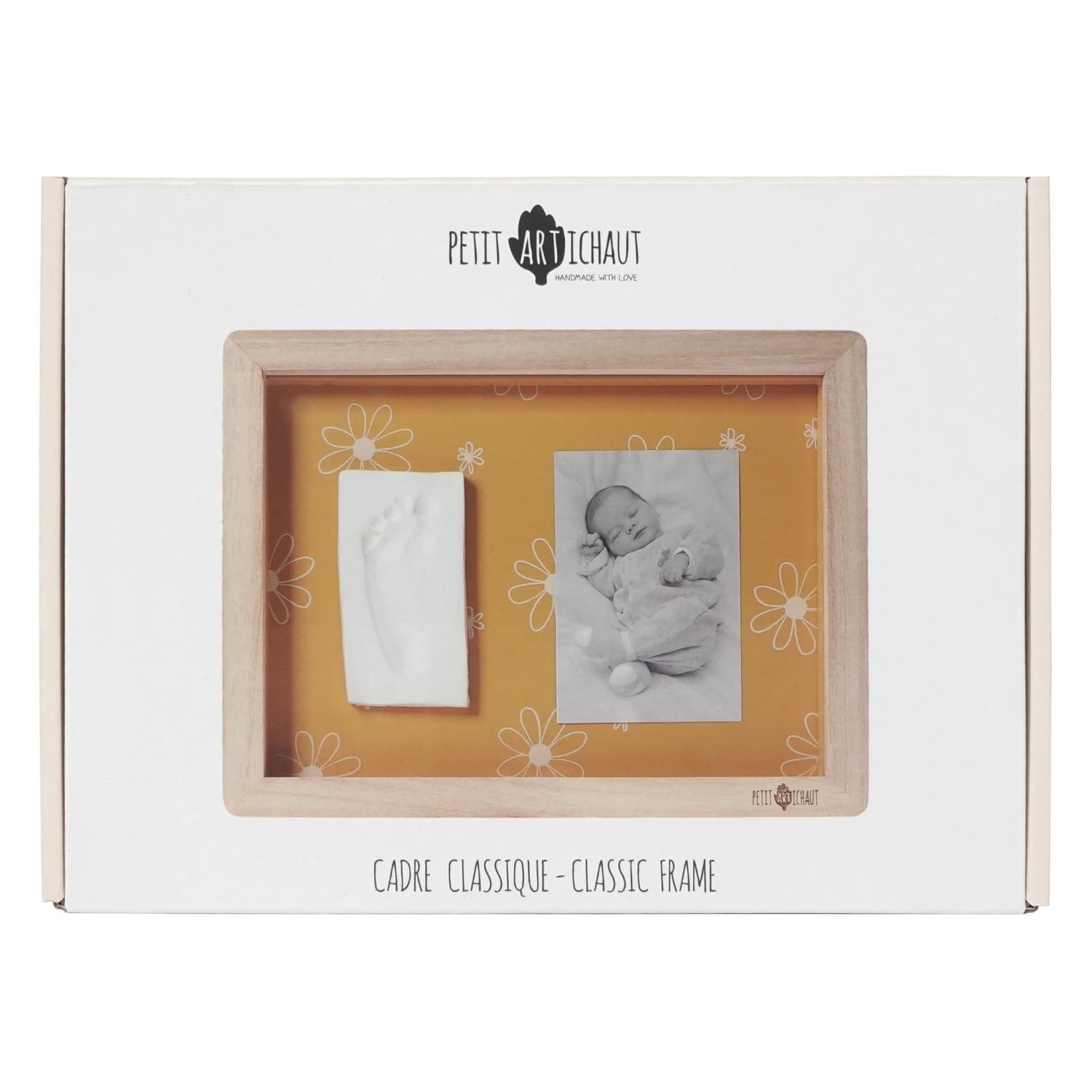 Marco de fotos clásico con kit de huellas para niños (ocre margarita) - Fondo reversible, arcilla hipoalergénica, rodillo - marco de fotos para colgar en la pared para huellas de