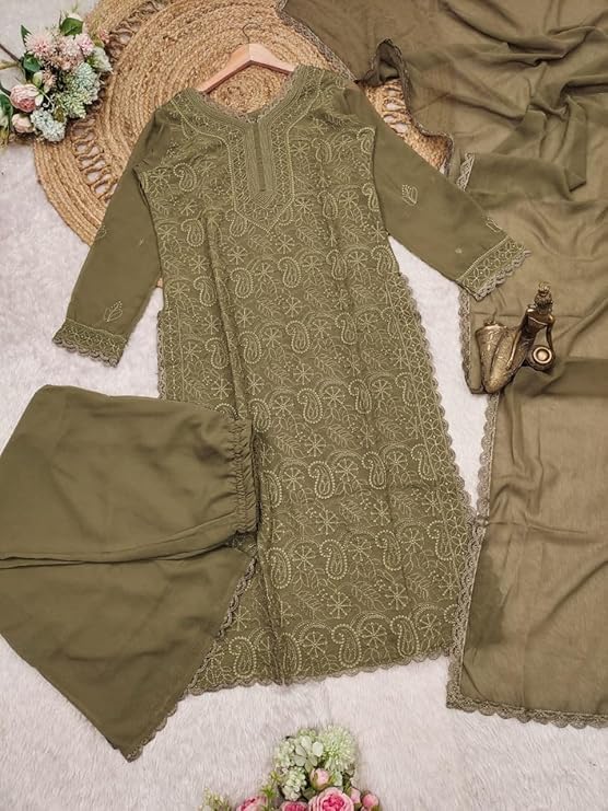 Image of Women's Chikankari Embroidered 3 Piece Suit Set in Faux Georgette - Long Gown Style Kurta with Lining with Dupatta