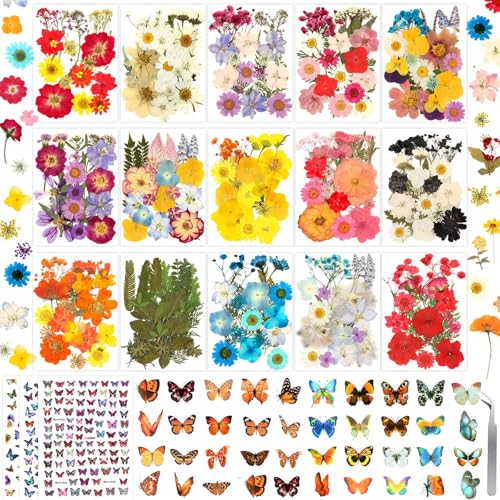 Image of Evatage 630 Pcs Dried Pressed Flowers & Butterfly Stickers for Resin Crafts | Real Dry Florals Plants Leaves for Resin Jewelry Molds, Candle, Soap, Scrapbook, Bookmark, Frame, Card Making, Nail Art Decor