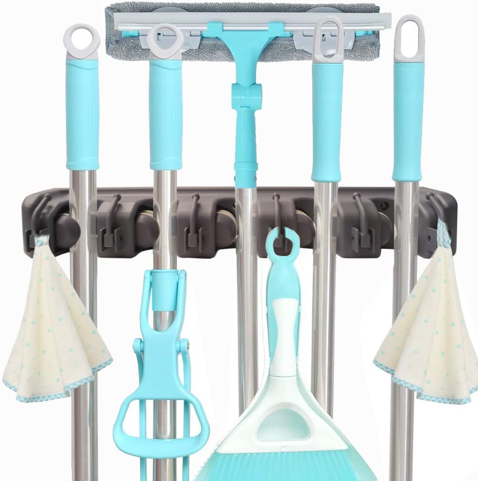 C-CHAIN Mop and Broom Holder, 5 Position with 6 Hooks Garage Storage Holds up to 11 Tools, Multipurpose Wall Mounted Tool Rack Organizer for Kitchen Garage,Grey