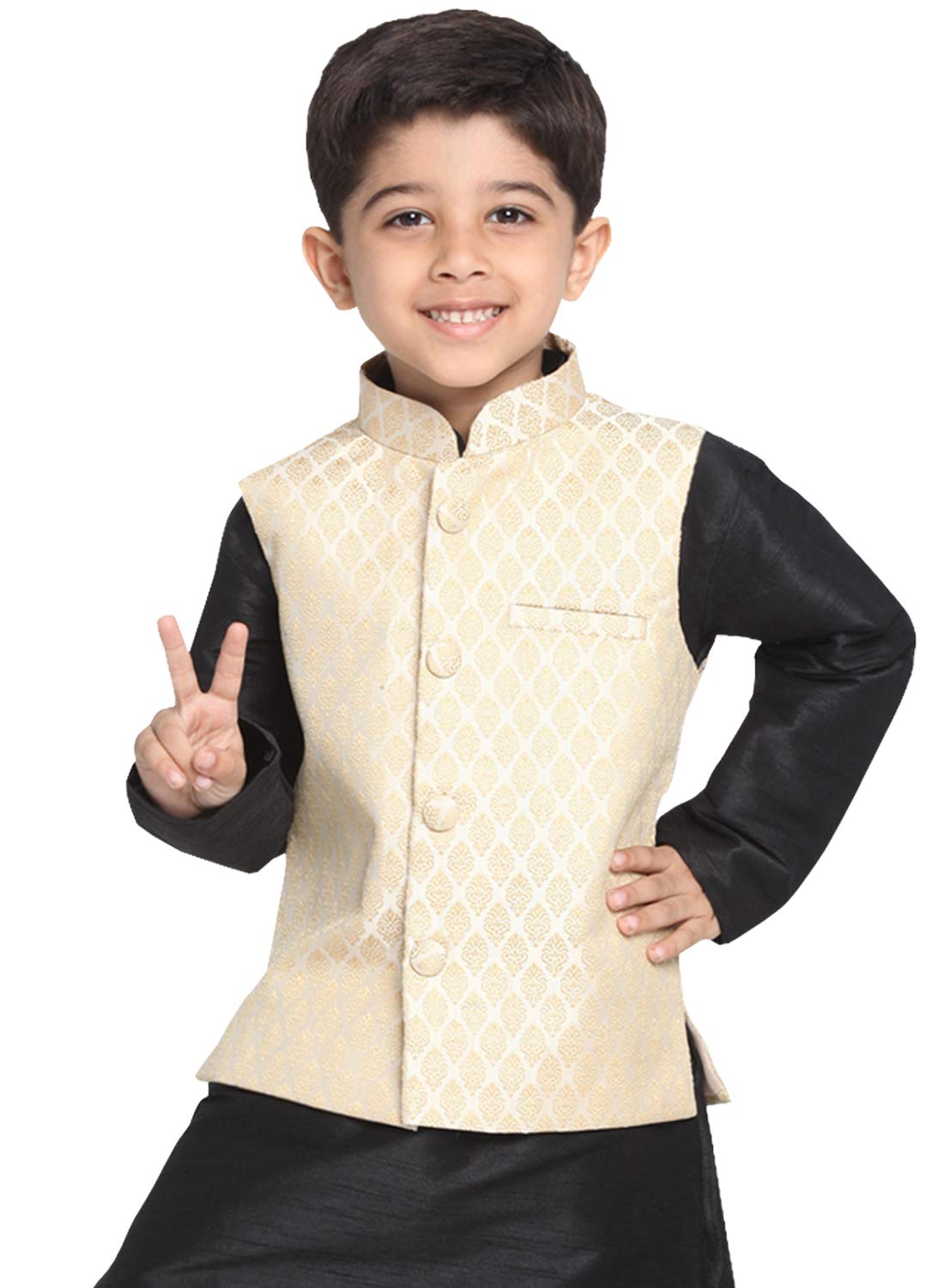 Vastramay Banarasi Brocade Woven Jacquard Nehru/Modi Jacket For Boys  Cream Ethnic Waistcoat For Weddings & Festivals