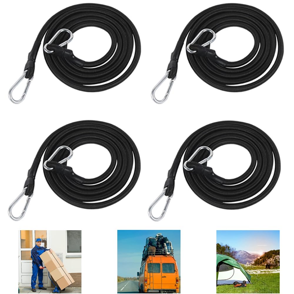 Bungee Cords with Hooks 4 Pack, 2m Long Bungee Straps with Carabiner Clips