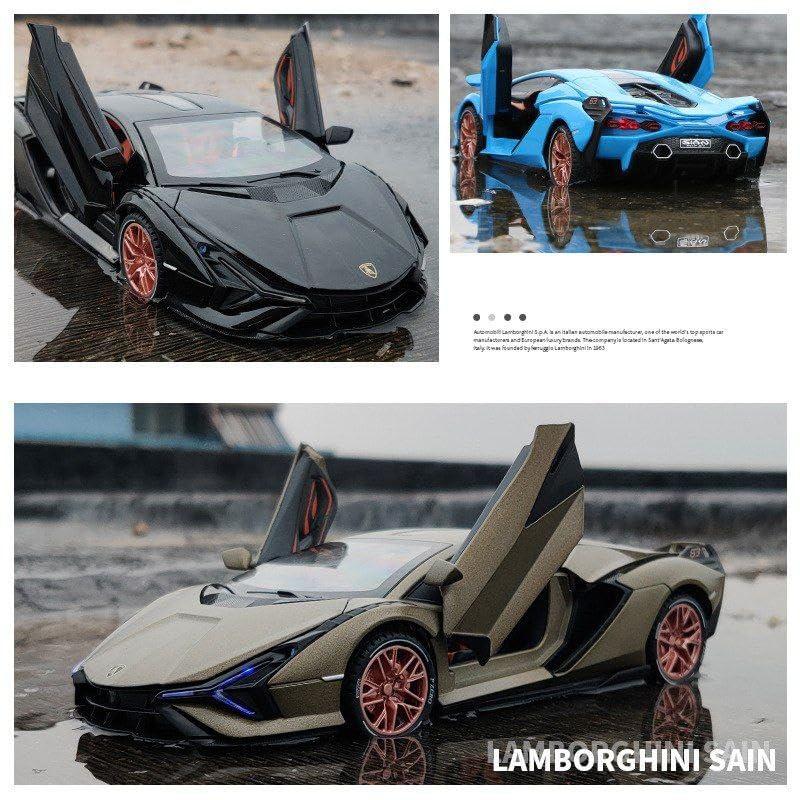 Image of Advisian store 1:24 Lamborghini Sian Die-cast Metal Toy Model Car Pull Back car Super car with Openable Doors with Sound and Light for Gifts Toys for Kids (1:24 Lamborghini Sian - Black)
