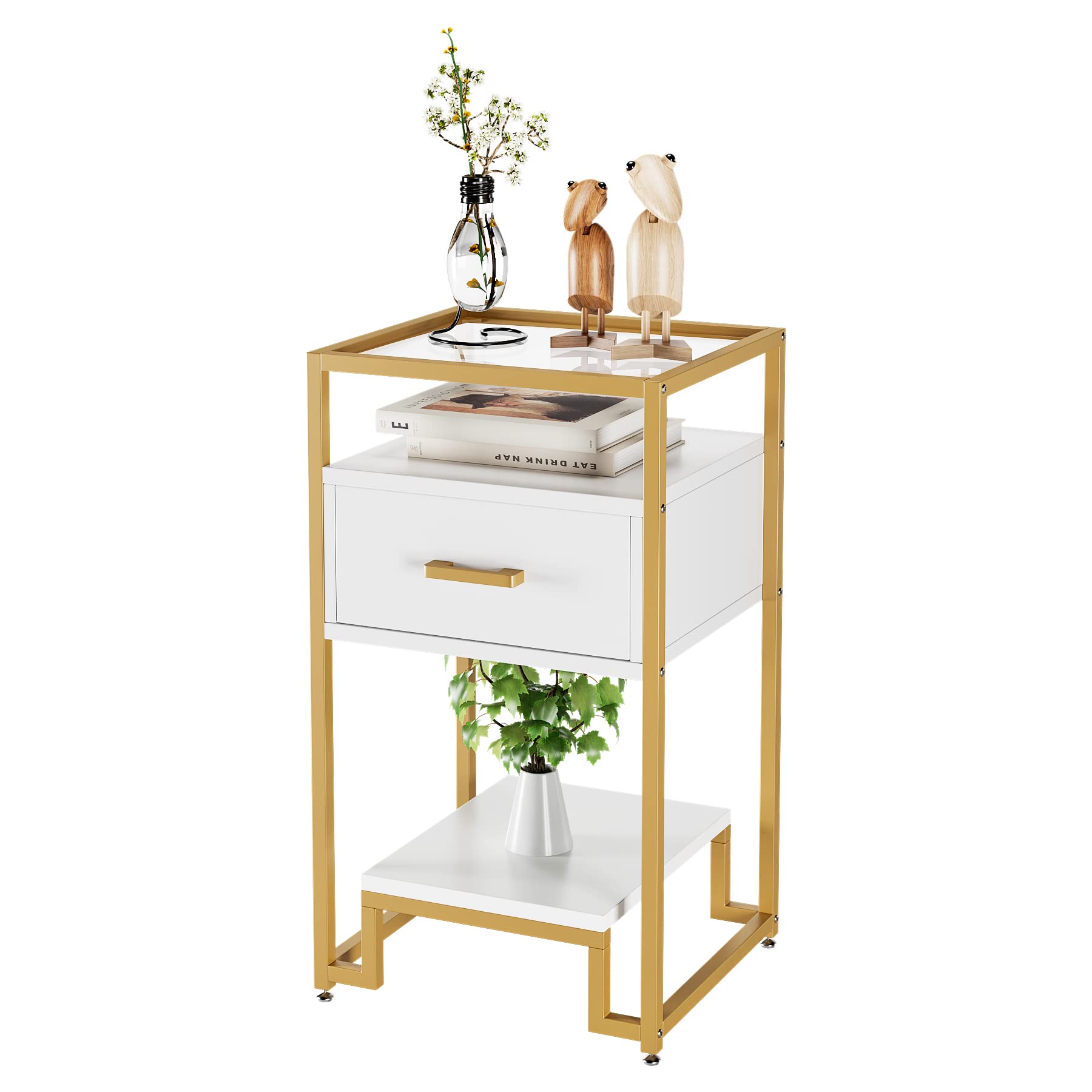 Garvee Table de Rangement 3 Niveaux avec Tiroir, Table Basse Moderne, Blanc