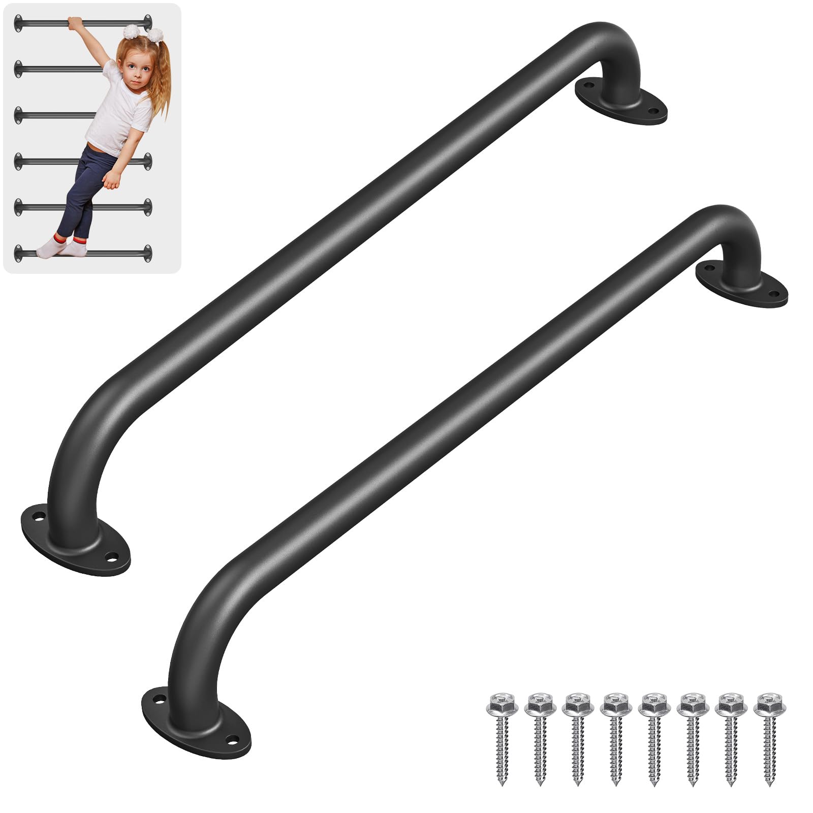 Dolibest Haltegriffe Kinder Klettergiffe Hangelgriffe 73cm/Ovale Schwarz | Klettergerüst Spielplatz Schaukel Monkey Bar Sprossenwand Kletterleiter Treppenhandlauf WC Bad Dusche,159kg,Φ2.5cm,2er