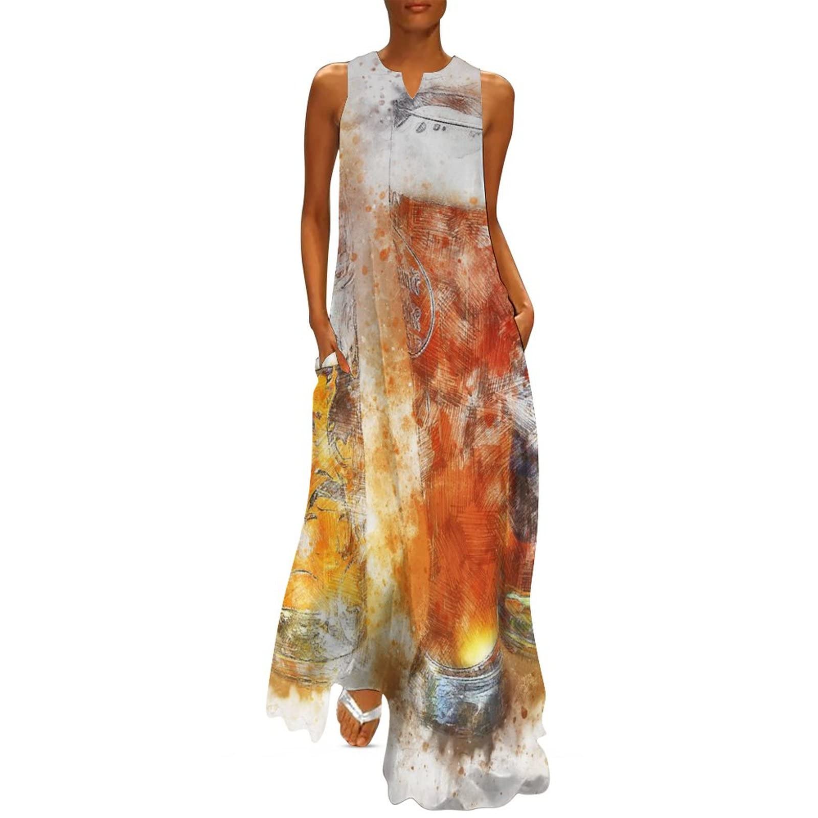 Ainhim Summer Tank Dresses for Women Casual Boho Print Sleeveless Long Maxi Dress Cute Pockets Beach Dress Vacation V-Neck