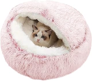 Cat Bed Plush Hooded Cat Bed Cave, Cozy for Indoor Cats or Small Dog beds, Cat Calming Bed, Doughnut Calm Anti-nxiety Cat Bed for Small Medium Pets Snooze Sleeping Indoor (Plush Ceiling-Pink)