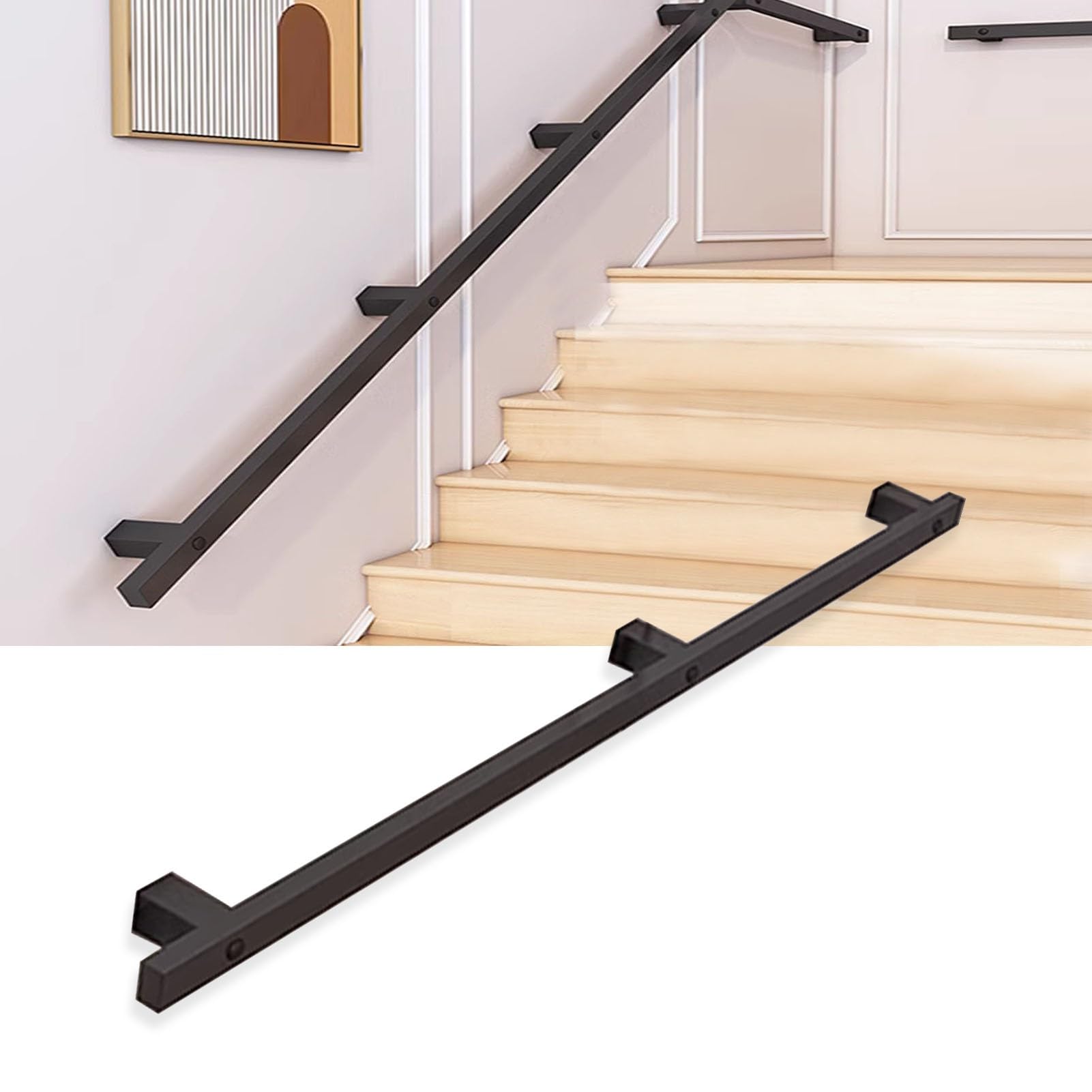 Rampe d'escalier en métal noir longue distance avec fixation murale robuste