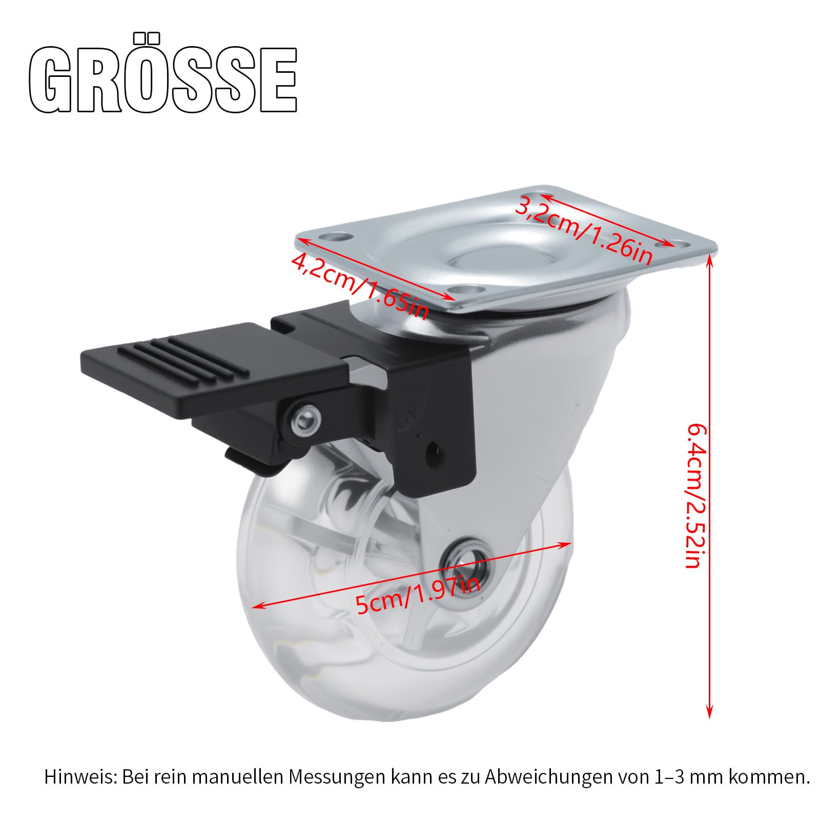 8er Set Möbelrollen, 50mm Lenkrollen mit Bremse, Tragfähigkeit 160 kg 360°Drehung, Schwerlastrollen Klein, für Palettenmöbel, Couchtische