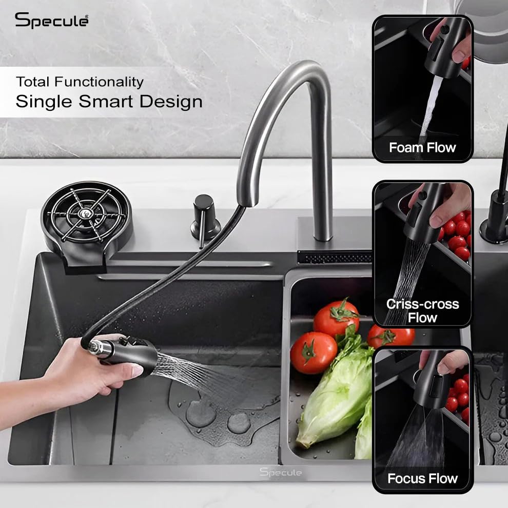 Image of Kitchen Sink 24x18x9 inch Waterfall Sink with Anti Scratch Honeycomb Design | Integrated Waterfall and Pull-down Faucet Set | Stainless Steel Basin Sinks with Cup washer and Drain Baskets