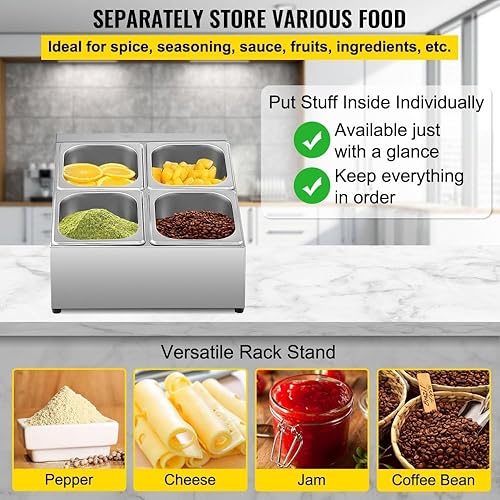 Miniatura 3 de Estante de acero inoxidable para especias con dos filas, cuatro bandejas de 1/6, cuatro cucharones, soporte inclinado para encimera para uso en