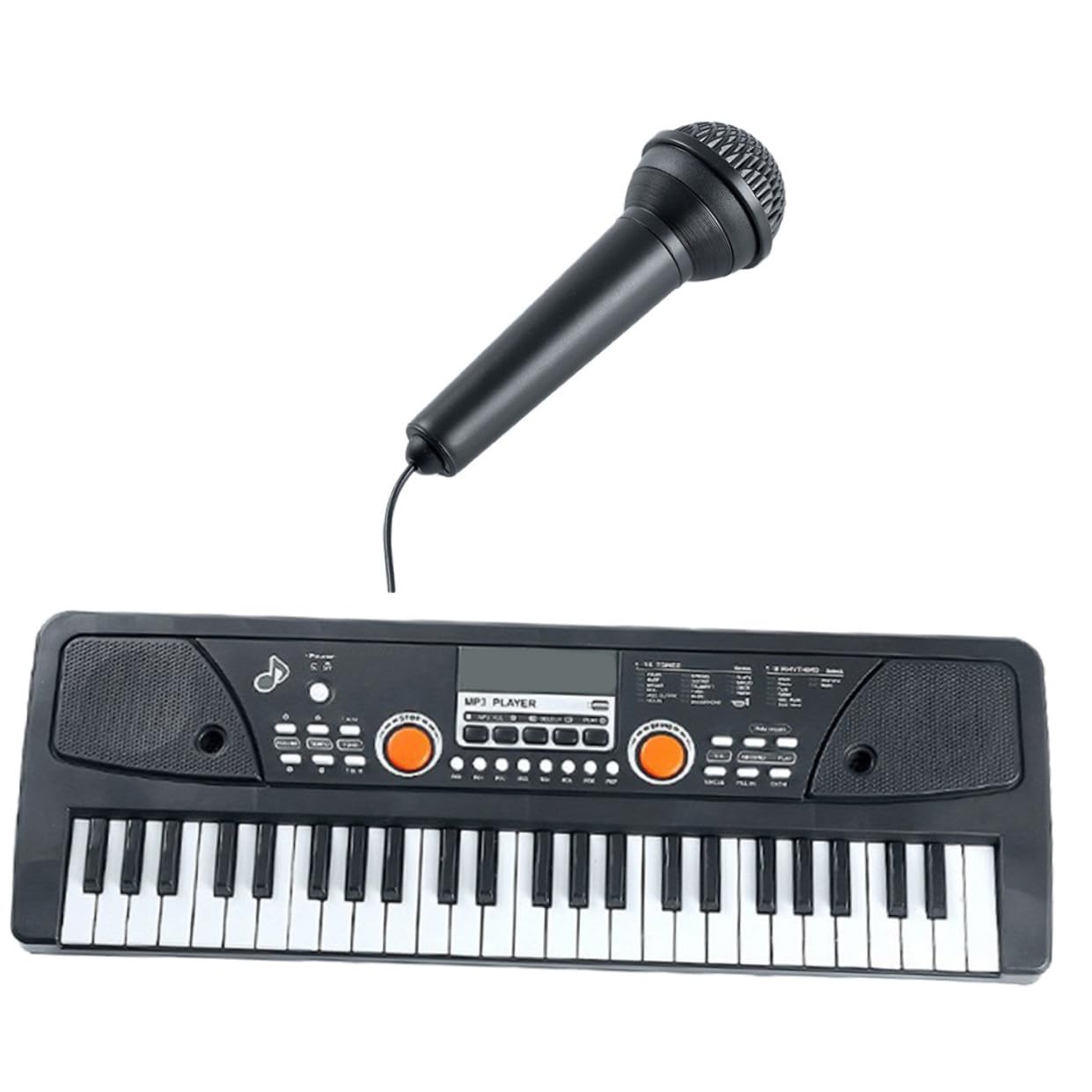 Piano Electrónico Infantil de 49 Teclas de Plástico Negro | Micrófono, 1 Juego, Superficie Lisa y Tacto Cómodo, Juguete Musical para Aprendizaje Temprano