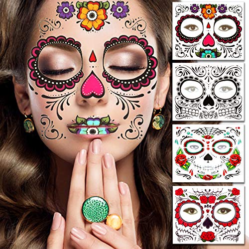 Temporary Face Tattoo, 4 Pcs Tattoos Sugar Skull Stickers Day of The Dead Makeup, Face Tattoo Floral Design for Halloween Masquerade Party