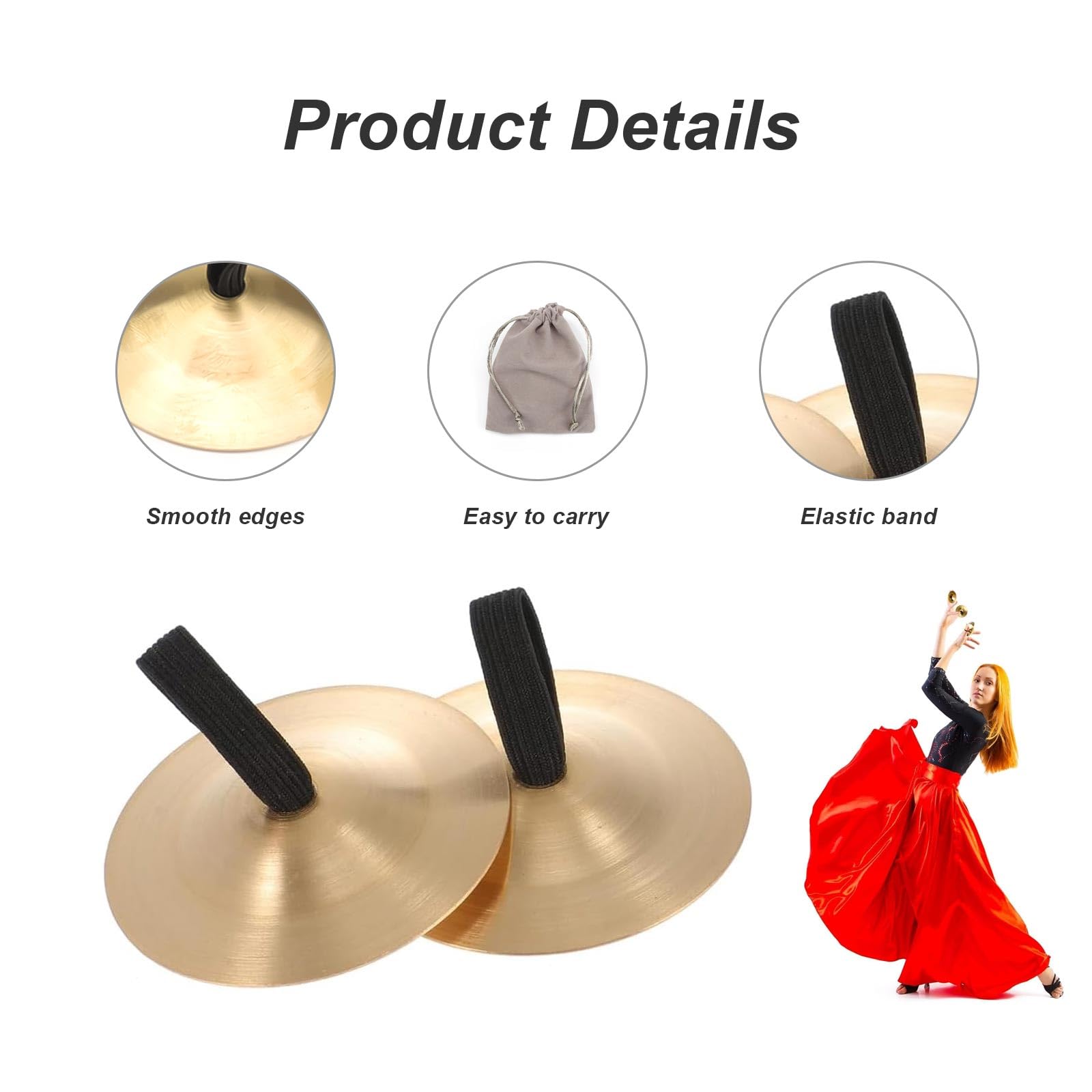2 Paar Finger Becken Messing, Gold Fingerzimbeln Mini Brass, mit Gummiband Finger Cymbal Bauchtanz, mit Samt-Aufbewahrungsbeutel, Durchmesser 5,5 cm, für Partys und Tänze Verwendet