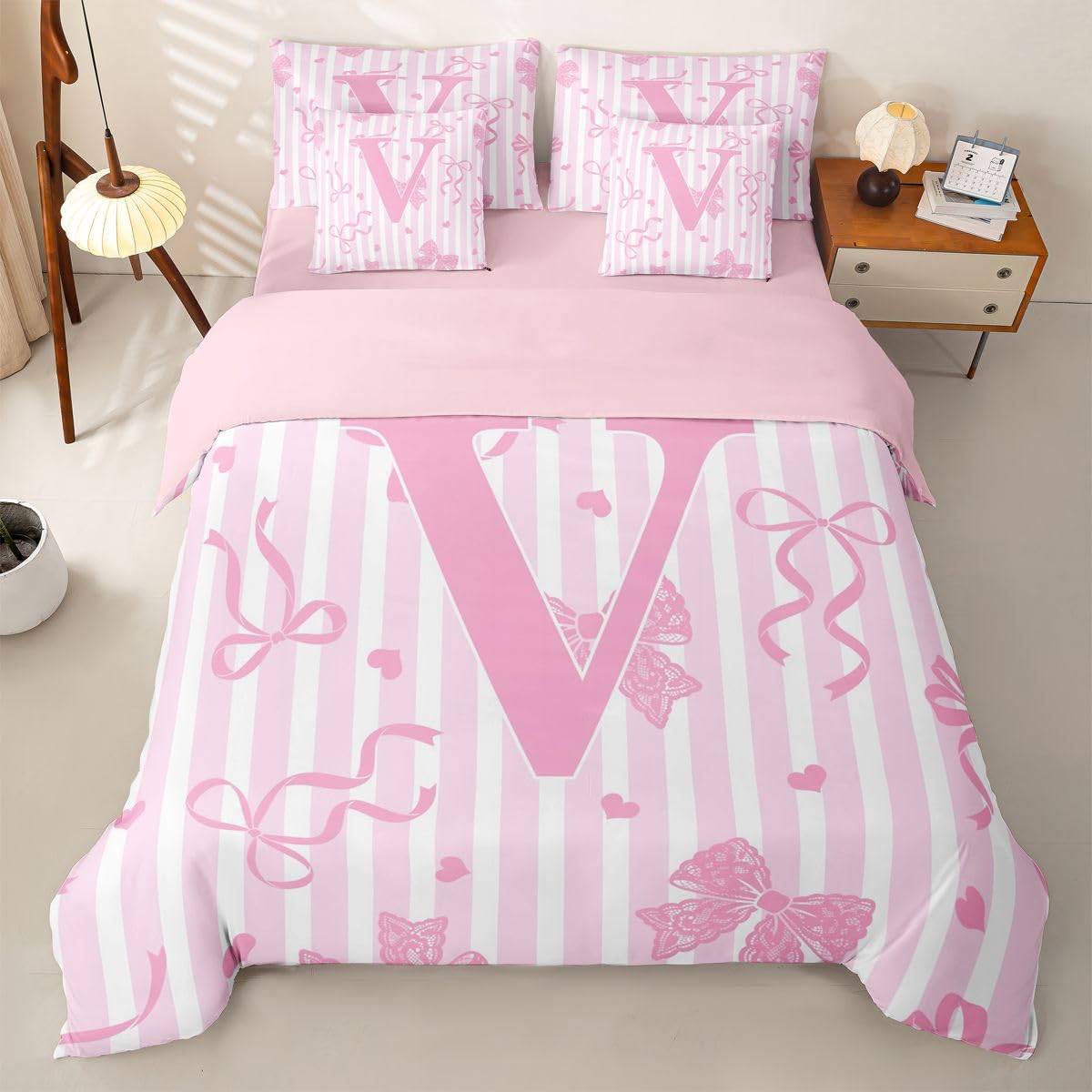Loussiesd Juego de ropa de cama de 7 piezas con diseño de lazo rosa y blanco, para niños y niñas, con funda de edredón, sábanas, fundas de almohada, fundas de cojín, tamaño Super King