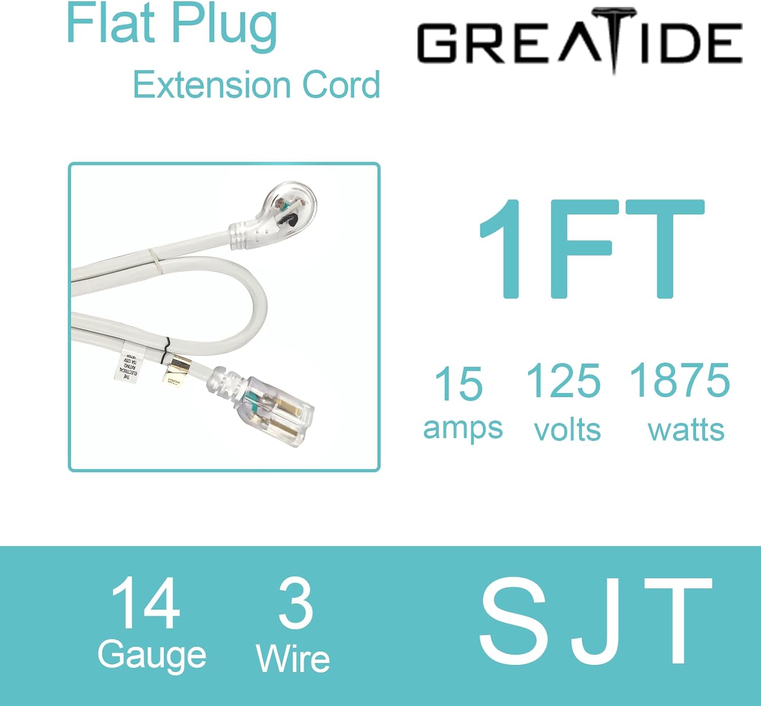 1 Ft 14/3 Flat Plug Lighted Extension Cord, Heavy Duty 14 AWG 3 Prong Grounded White Low Profile Extension Cable for Indoor, 3 Pack, UL Listed