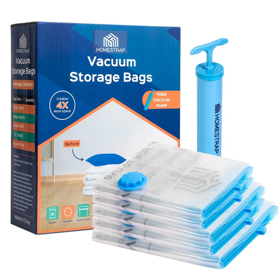 HomeStrap Vacuum Storage Bags with Pump (Pack of 5) 2 Small 2 Medium 1 Large |Airtight and Reusable Space Saver Double Ziplock Compression Bags with Vacuum Pump|Creates 4x More Space for Clothes