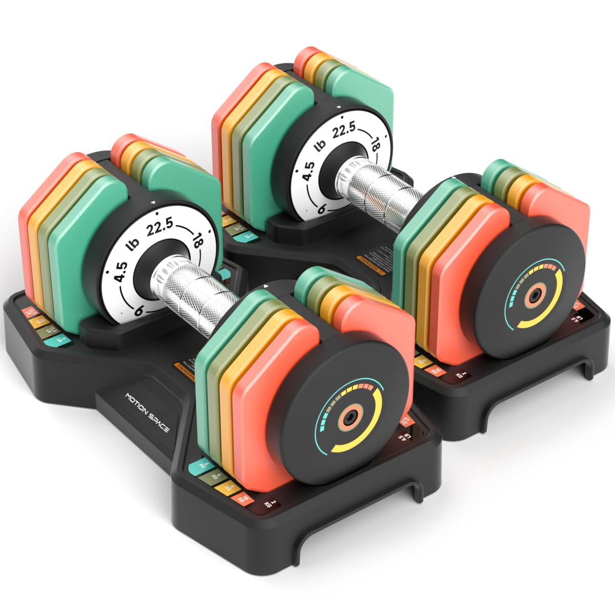 Adjustable Dumbbells Set 22.5LB Pair, 1-Sec Fast Adjustable 5 Free Weights, Premium Comfort Non-slip Metal Handle, Compact Size for Full Body Home Workout Rainbow