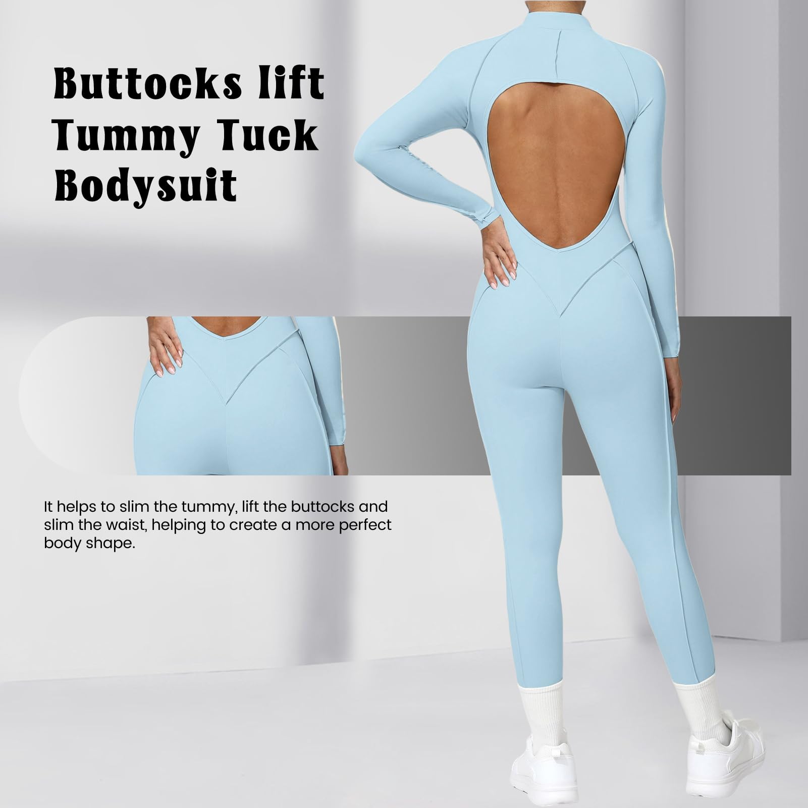 Damen Sport Jumpsuit Lang Eng Yoga Overall Langarm V-Ausschnitt Playsuits Mit Reißverschluss Jogging Strampler Hosenanzug Trainingsanzug