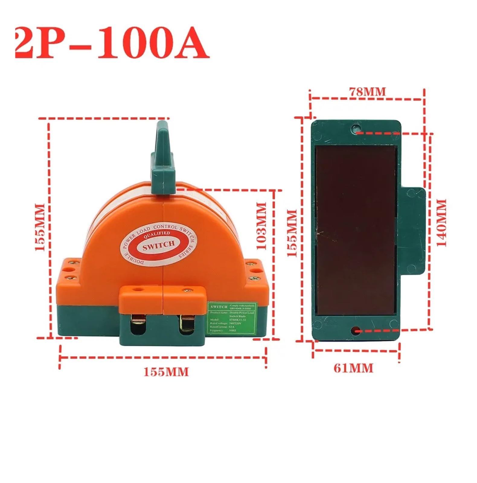 CZKE 1PCS Two-Way Knife Switch 220V Household 2P Two-Phase 100A Double Throw Reverse Conversion Knife Switch Isolation Photovoltaic (Color : 2P 100A)